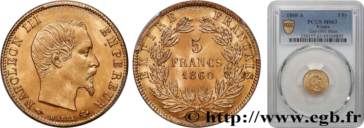 5 francs or Napoléon III, tête nue, grand module 1860 Paris F.501/10 SC63 PCGS