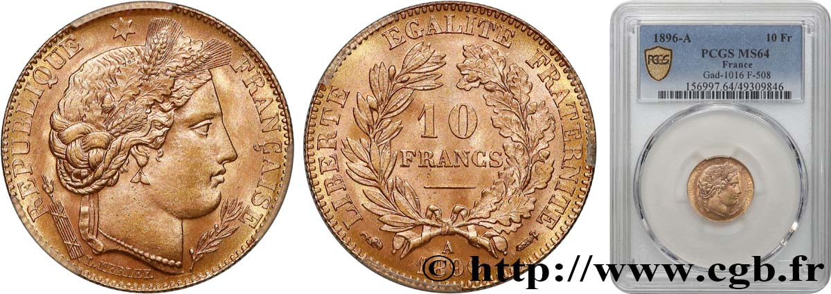 10 francs Cérès, Troisième république 1896 Paris F.508/4 SC64 PCGS