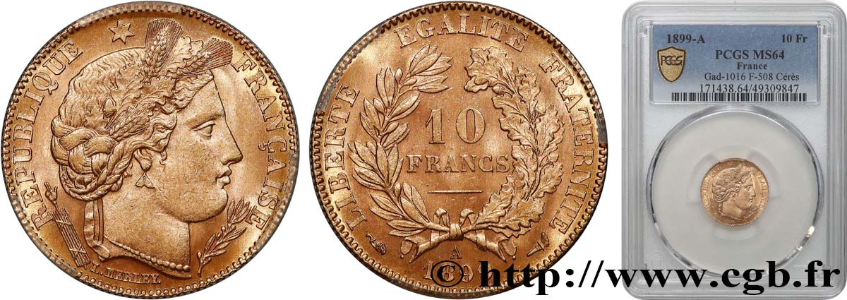 10 francs or Cérès, Troisième République 1899 Paris F.508/5 SC64 PCGS