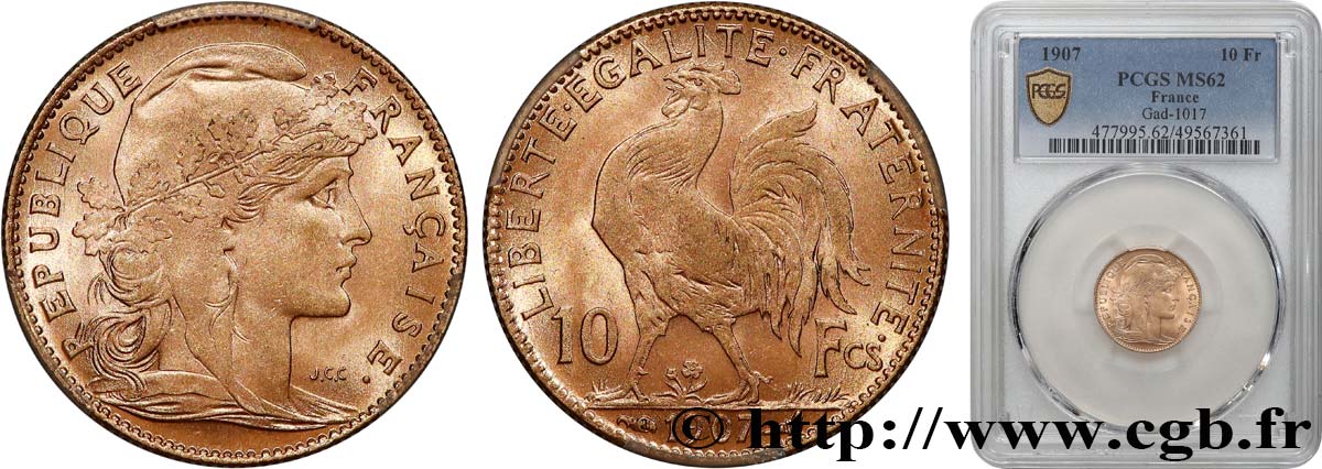 10 francs or Coq 1907 Paris F.509/8 MS62 PCGS