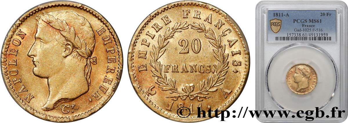 20 francs or Napoléon, tête laurée, Empire français 1811 Paris F.516/16 EBC61 PCGS