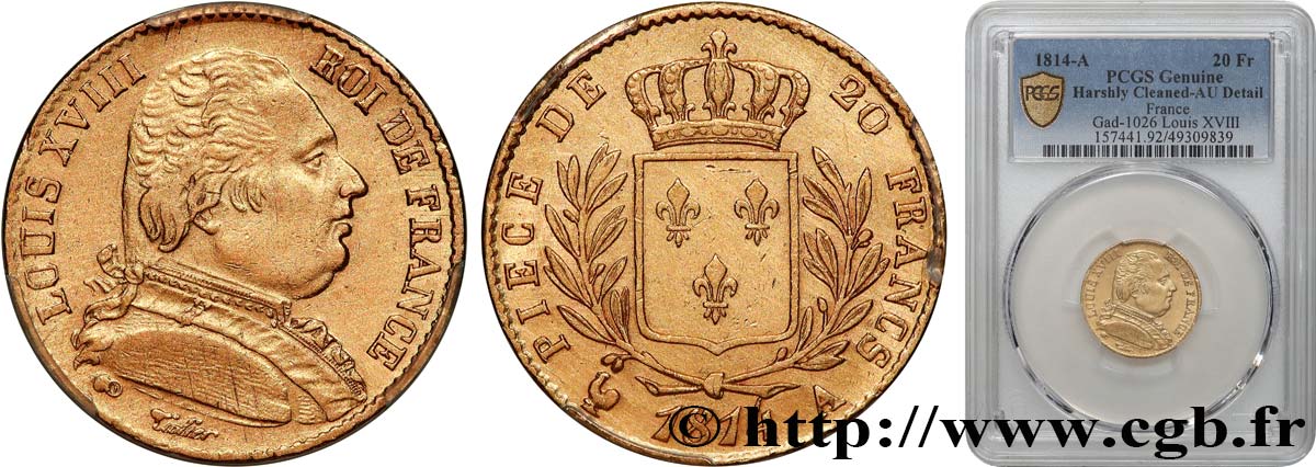 20 francs or Louis XVIII, buste habillé 1814 Paris F.517/1 fVZ PCGS