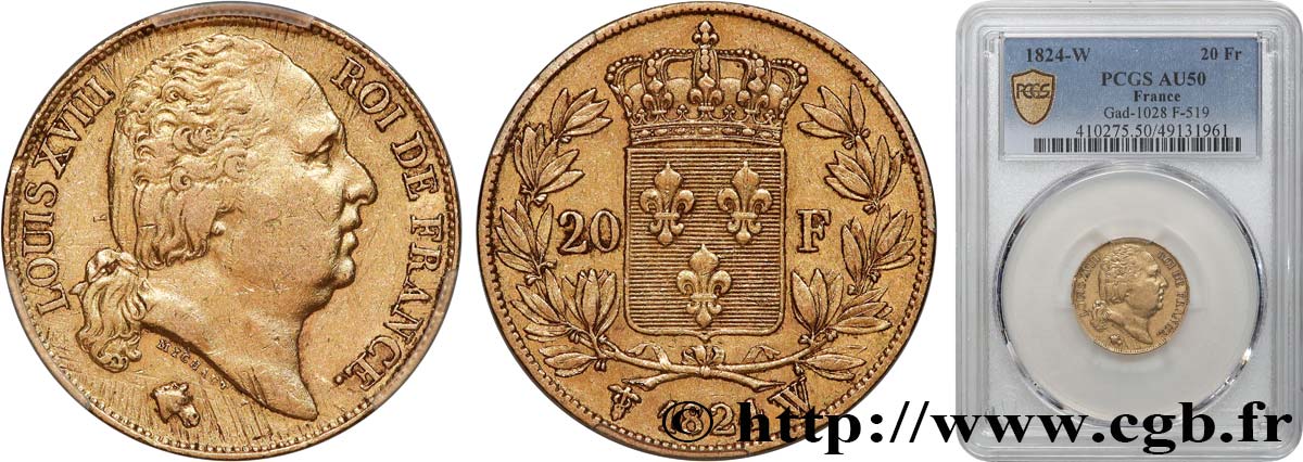 20 francs or Louis XVIII, tête nue 1824 Lille F.519/34 TTB50 PCGS