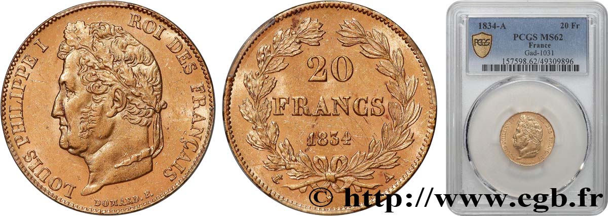 20 francs or Louis-Philippe, Domard 1834 Paris F.527/7 SPL62 PCGS