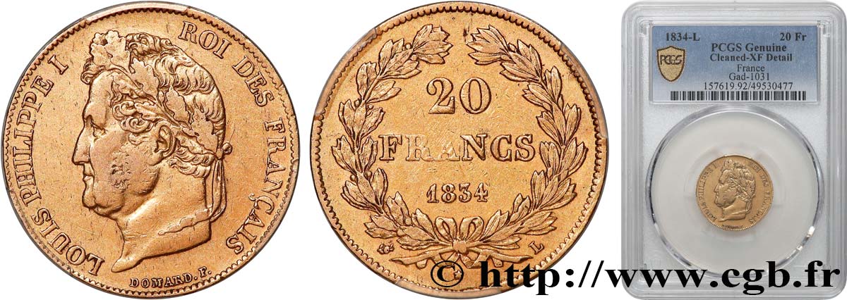 20 francs Louis-Philippe, Domard 1834 Bayonne F.527/9 SS PCGS