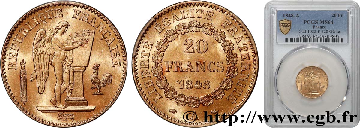 20 francs or Génie, IIe République 1848 Paris F.528/1 fST64 PCGS