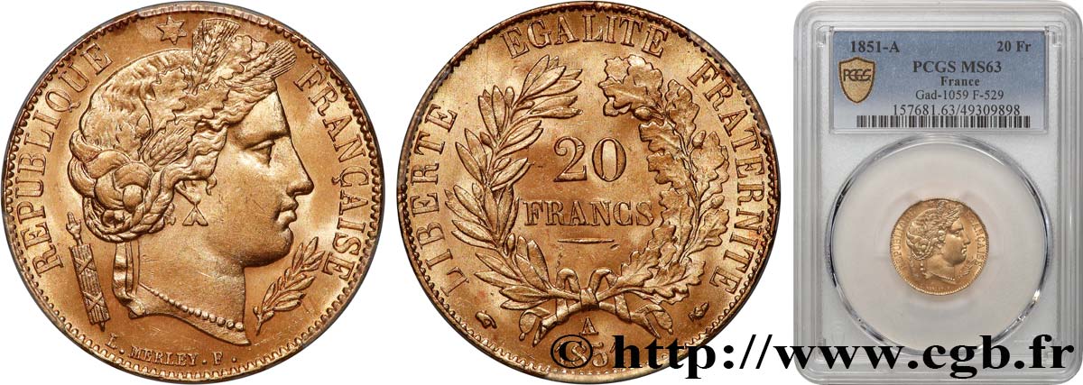 20 francs or Cérès 1851 Paris F.529/4 SC63 PCGS