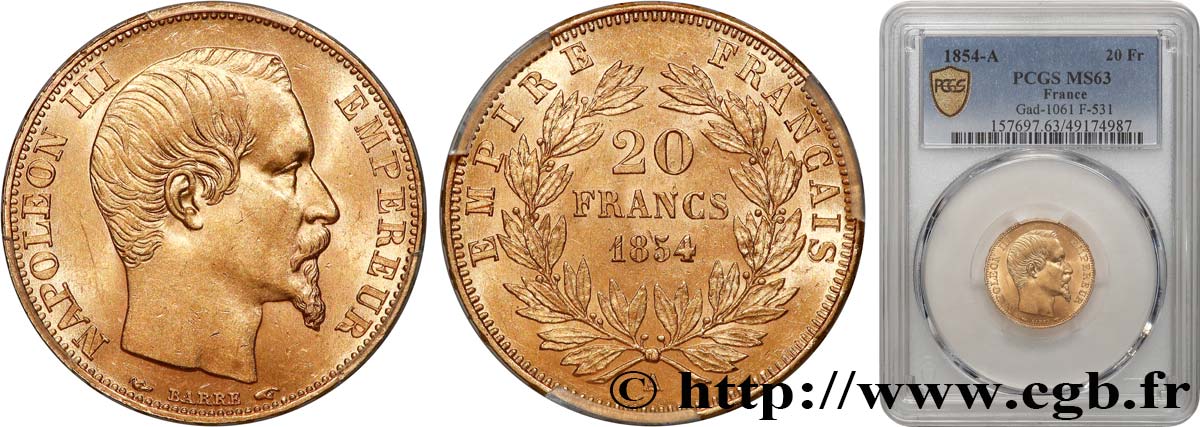 20 francs or Napoléon III, tête nue 1854 Paris F.531/2 SC63 PCGS