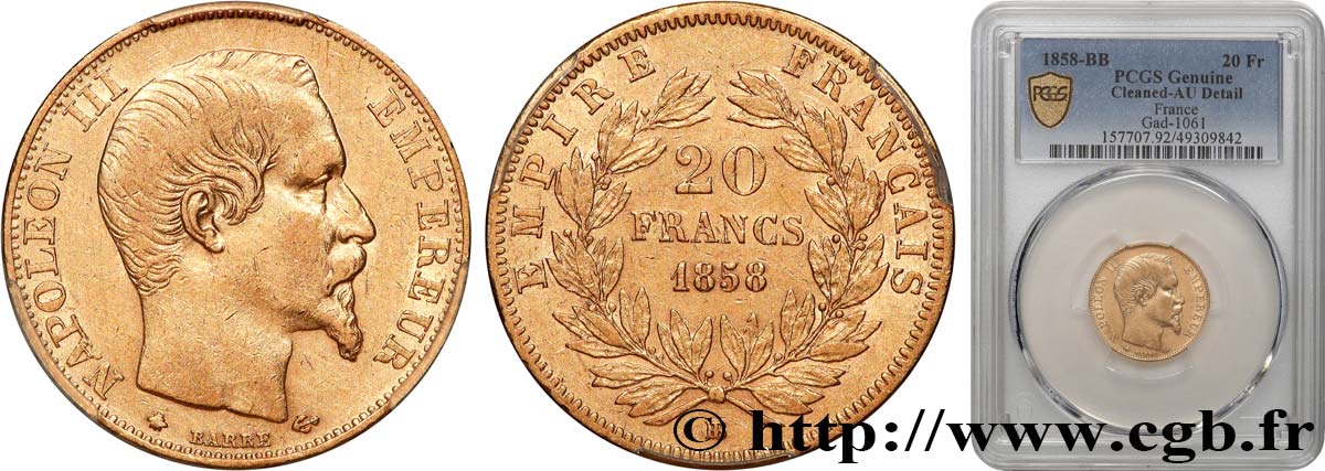 20 francs or Napoléon III, tête nue 1858 Strasbourg F.531/14 AU PCGS