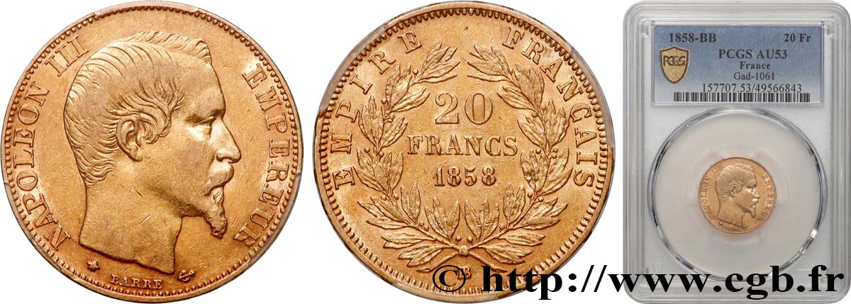 20 francs or Napoléon III, tête nue 1858 Strasbourg F.531/14 MBC53 PCGS