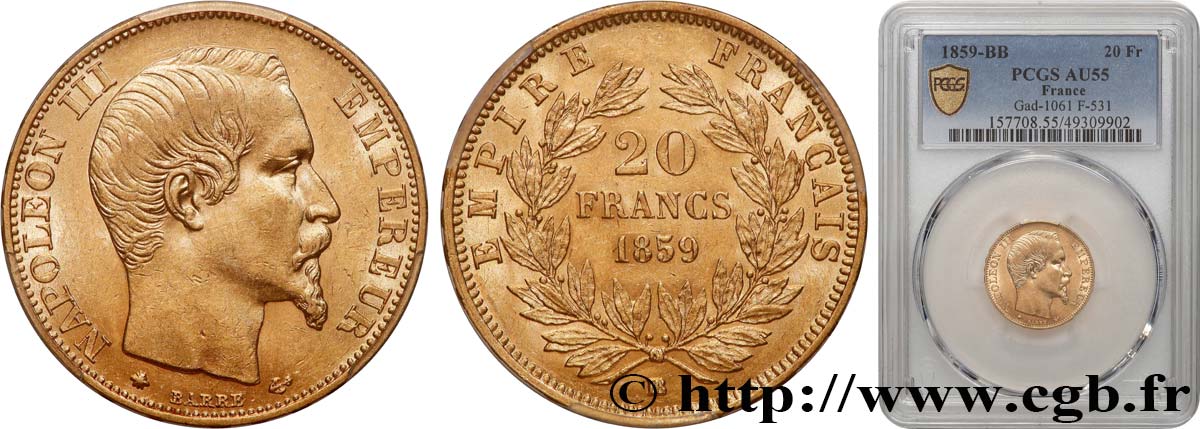 20 francs or Napoléon III, tête nue 1859 Strasbourg F.531/16 EBC55 PCGS