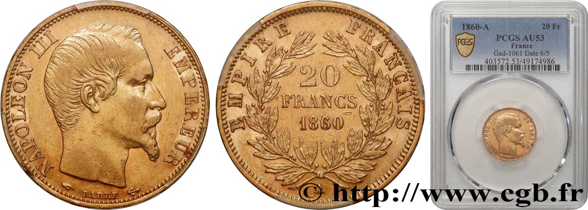 20 francs or Napoléon III, tête nue 1860 Paris F.531/17 AU53 PCGS