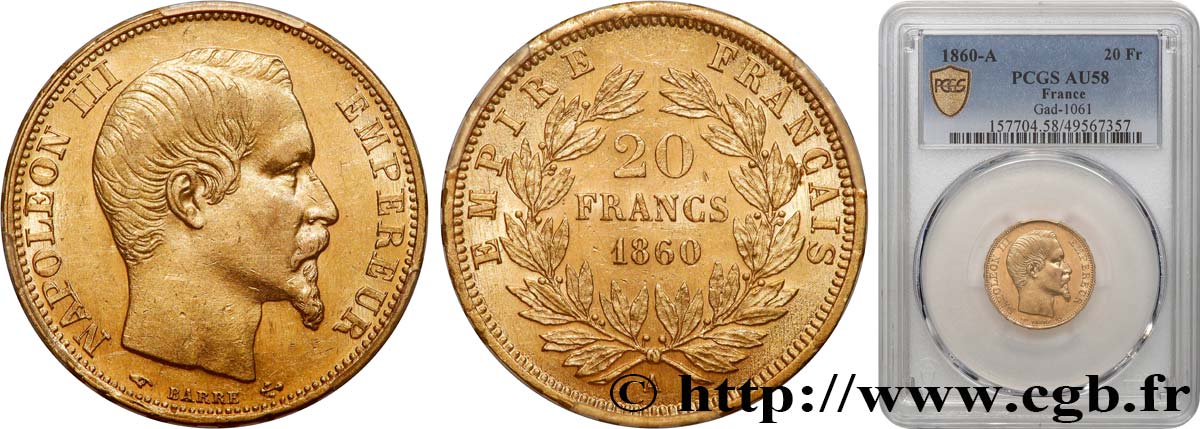 20 francs or Napoléon III, tête nue 1860 Paris F.531/18 EBC58 PCGS