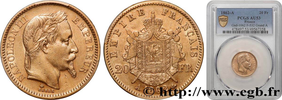 20 francs or Napoléon III, tête laurée, grand A 1862 Paris F.532/4 BB53 PCGS