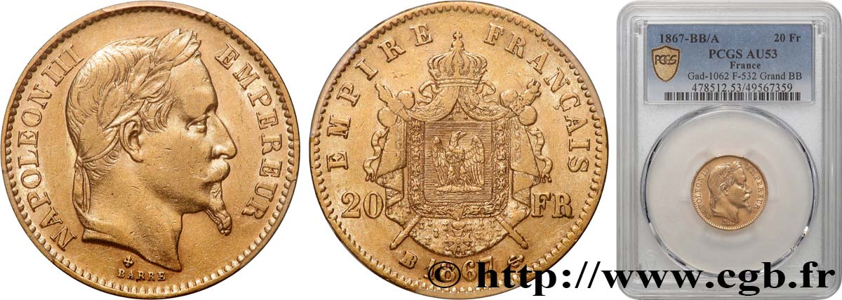 20 francs or Napoléon III, tête laurée, Grand BB 1867 Strasbourg F.532/17 TTB53 PCGS