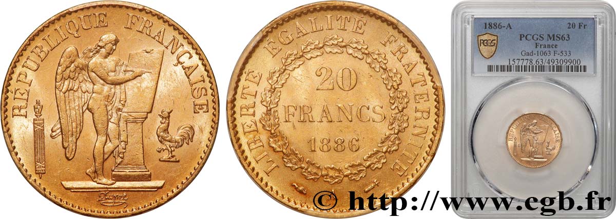 20 francs or Génie, IIIe République 1886 Paris F.533/9 MS63 PCGS