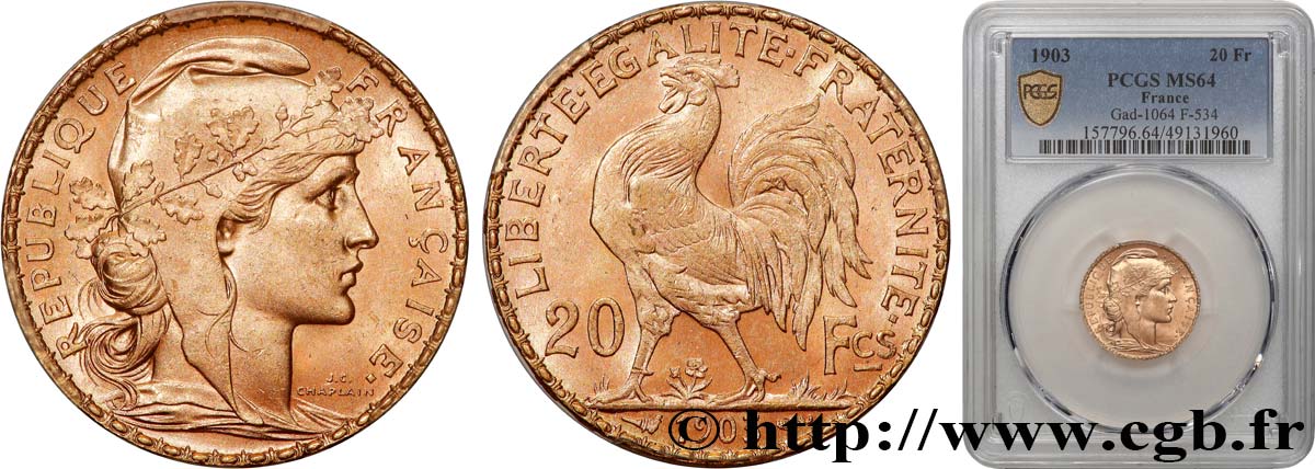 20 francs or Coq, Dieu protège la France 1903 Paris F.534/8 MS64 PCGS