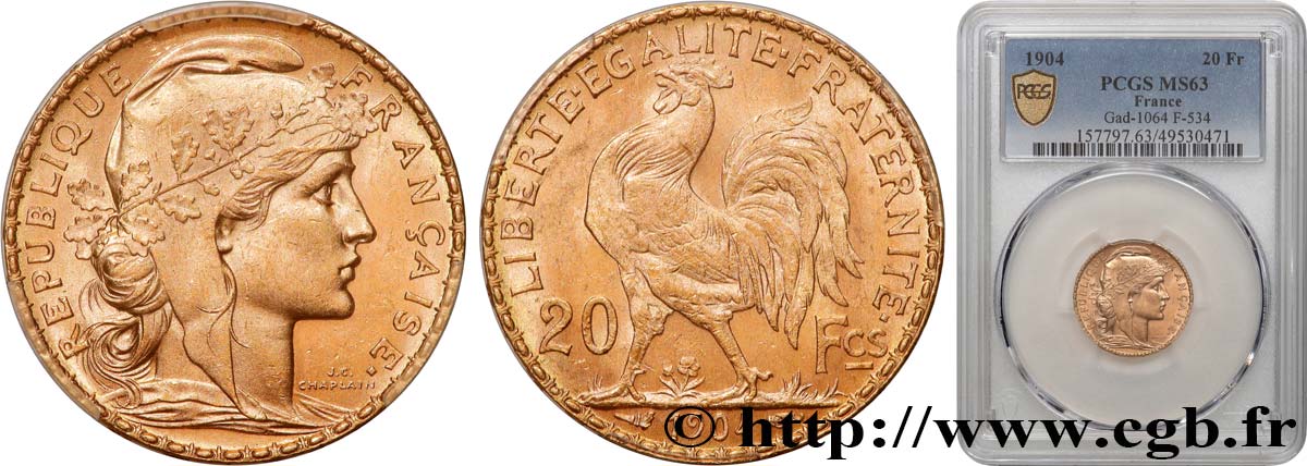 20 francs or Coq, Dieu protège la France 1904 Paris F.534/9 MS63 PCGS