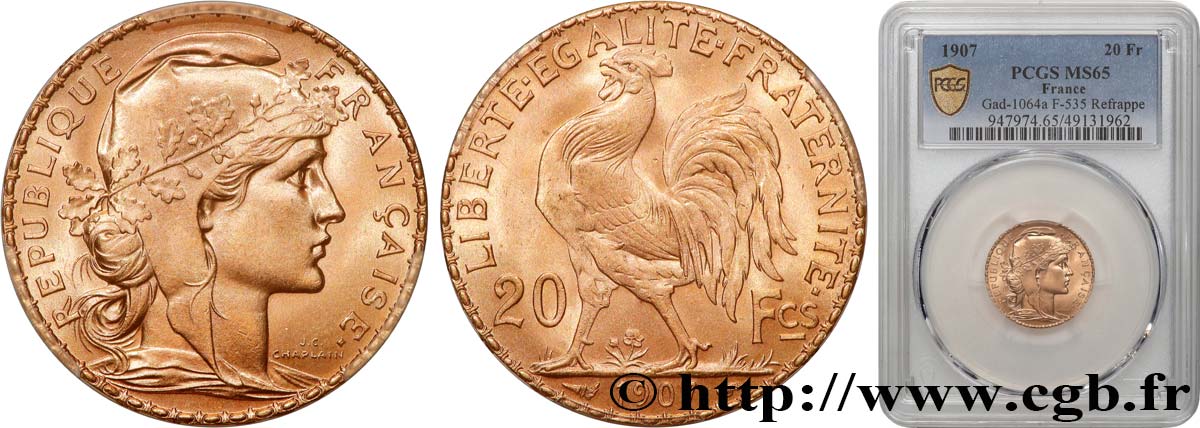 20 francs or Coq, Liberté Égalité Fraternité 1907 Paris F.535/1 ST65 PCGS