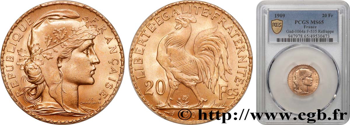 20 francs or Coq, Liberté Égalité Fraternité 1909 Paris F.535/3 MS65 PCGS