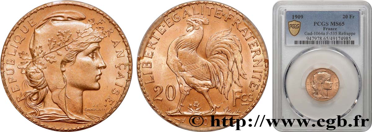 20 francs or Coq, Liberté Égalité Fraternité 1909 Paris F.535/3 MS65 PCGS