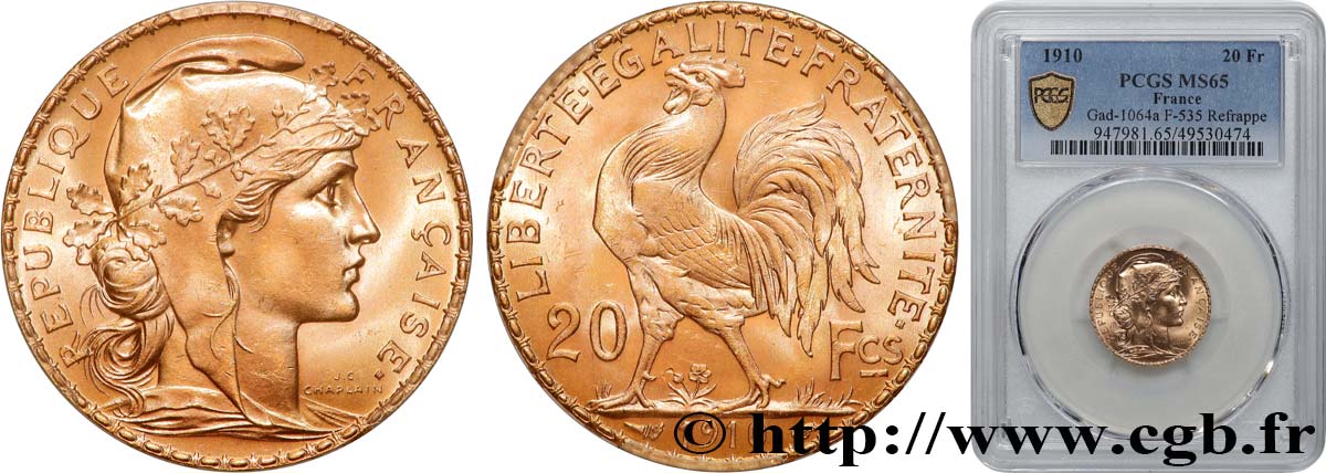 20 francs or Coq, Liberté Égalité Fraternité 1910 Paris F.535/4 MS65 PCGS