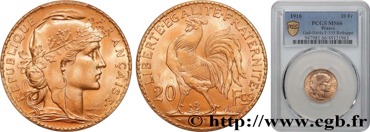 20 francs or Coq, Liberté Égalité Fraternité 1910 Paris F.535/4 ST66 PCGS