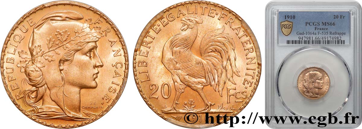 20 francs or Coq, Liberté Égalité Fraternité 1910 Paris F.535/4 MS66 PCGS