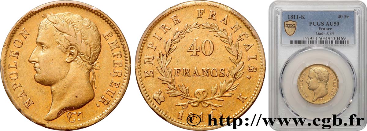 40 francs or Napoléon tête laurée, Empire français 1811 Bordeaux F.541/8 TTB50 PCGS