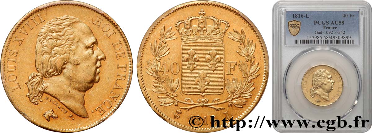 40 francs or Louis XVIII 1816 Bayonne F.542/3 AU58 PCGS