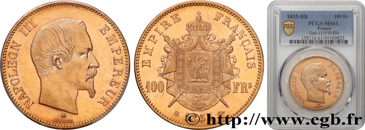 100 francs or Napoléon III, tête nue 1855 Strasbourg F.550/2 VZ61 PCGS