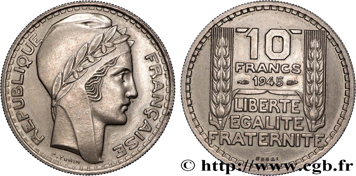 Essai de 10 francs Turin, grosse tête, rameaux longs 1945 Paris F.361/1 SPL 