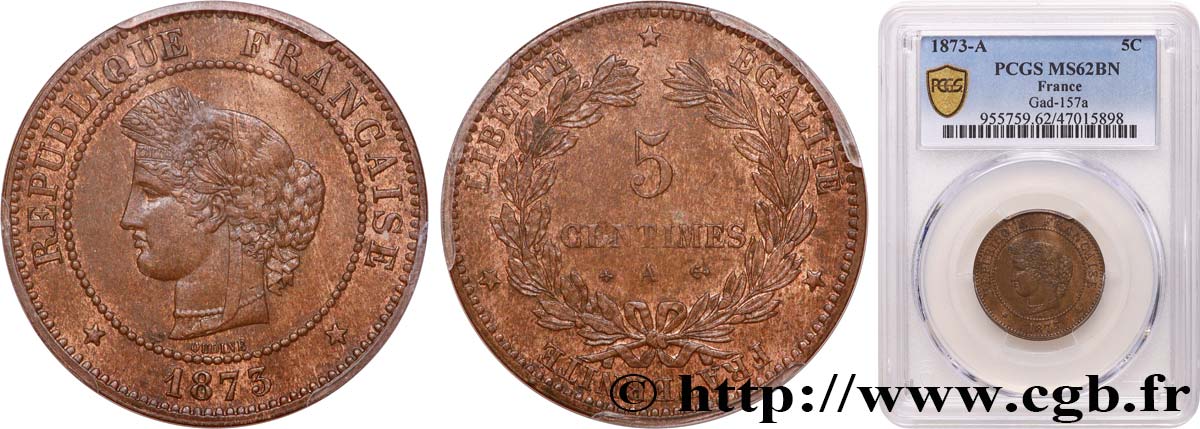 5 centimes Cérès 1873 Paris F.118/7 MS62 PCGS