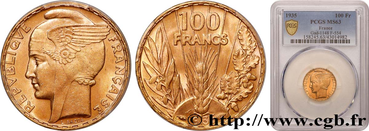 100 francs or, Bazor 1935 Paris F.554/6 SPL63 PCGS