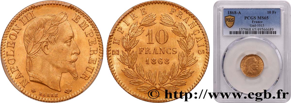 10 francs or Napoléon III, tête laurée 1868 Paris F.507A/17 FDC65 PCGS