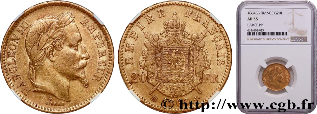 20 francs or Napoléon III, tête laurée, Grand BB 1864 Strasbourg F.532/10 SUP55 NGC