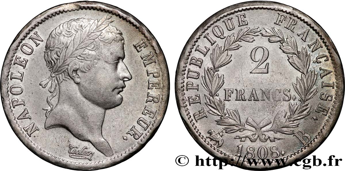 2 francs Napoléon Ier tête laurée, République française 1808 Rouen F.254/5 XF 