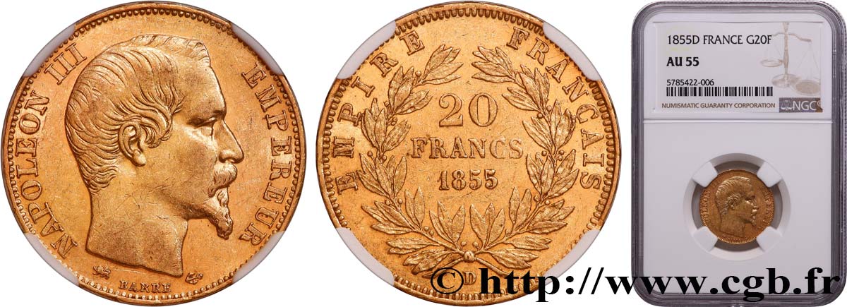 20 francs or Napoléon III, tête nue 1855 Lyon F.531/7 EBC55 NGC