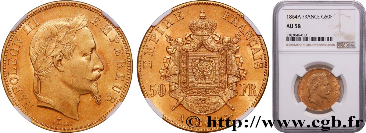 50 francs or Napoléon III, tête laurée 1864 Paris F.548/4 EBC58 NGC