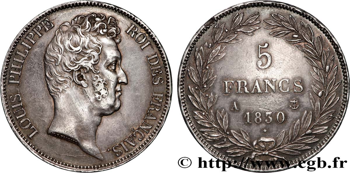 5 francs type Tiolier sans le I, tranche en creux 1830 Paris F.313/1 TTB+ 