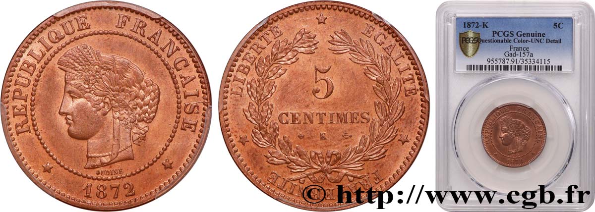 5 centimes Cérès 1872 Bordeaux F.118/6 SPL+ PCGS