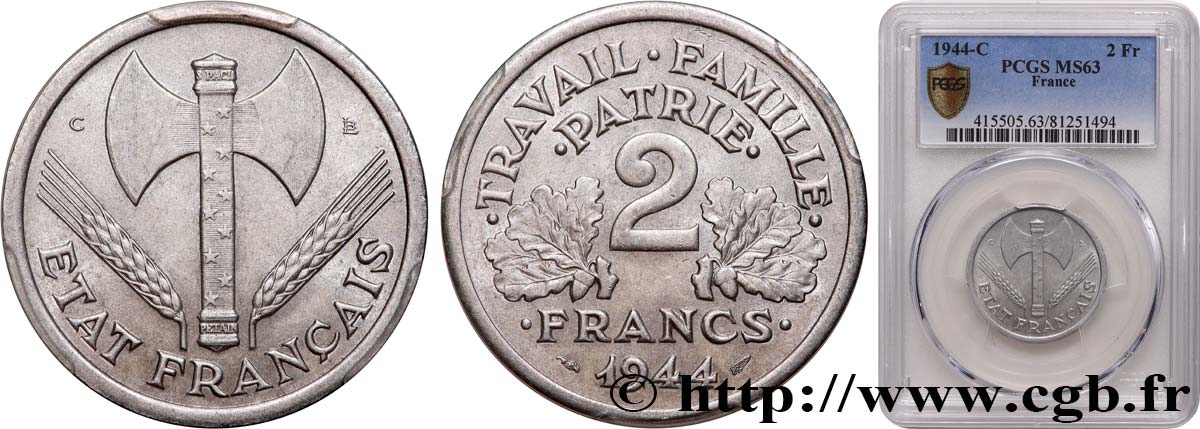 2 francs Francisque 1944 Castelsarrasin F.270/6 MS63 PCGS