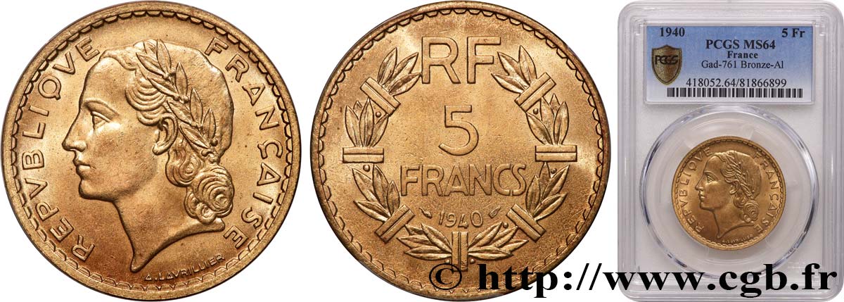 5 francs Lavrillier, bronze-aluminium 1940  F.337/4 MS64 PCGS