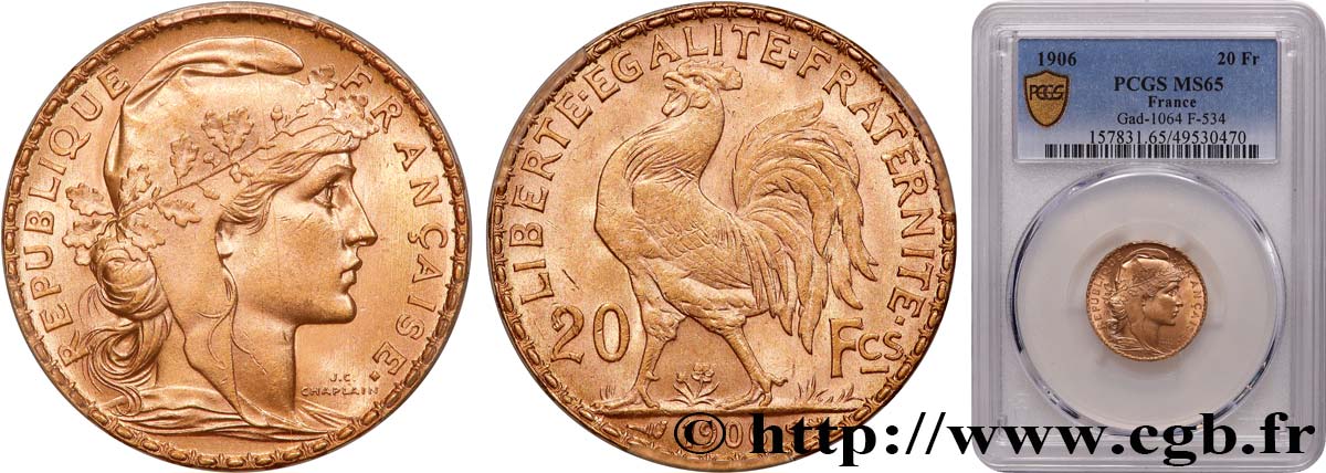 20 francs or Coq, Dieu protège la France 1906 Paris F.534/11 ST65 PCGS