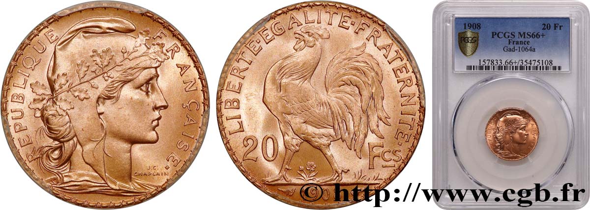 20 francs or Coq, Liberté Égalité Fraternité 1908 Paris F.535/2 ST66 PCGS