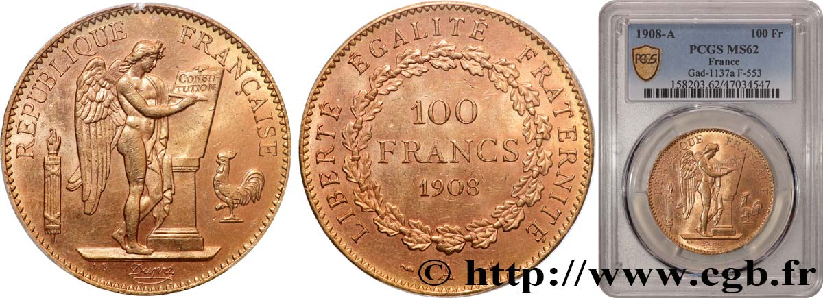 100 francs génie, tranche inscrite en relief liberté égalité fraternité 1908 Paris F.553/2 VZ62 PCGS