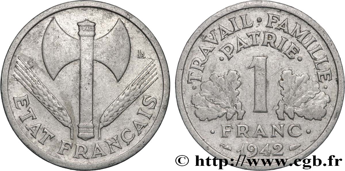 1 franc Francisque, légère 1942 Paris F.223/2 VF 