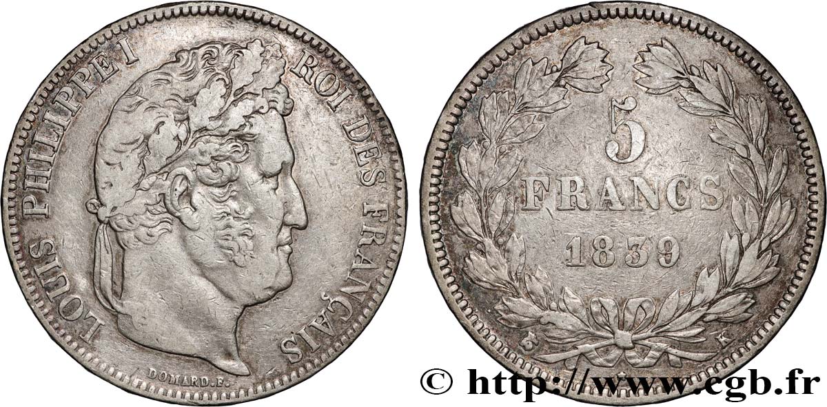 5 francs IIe type Domard 1839 Bordeaux F.324/80 VF 