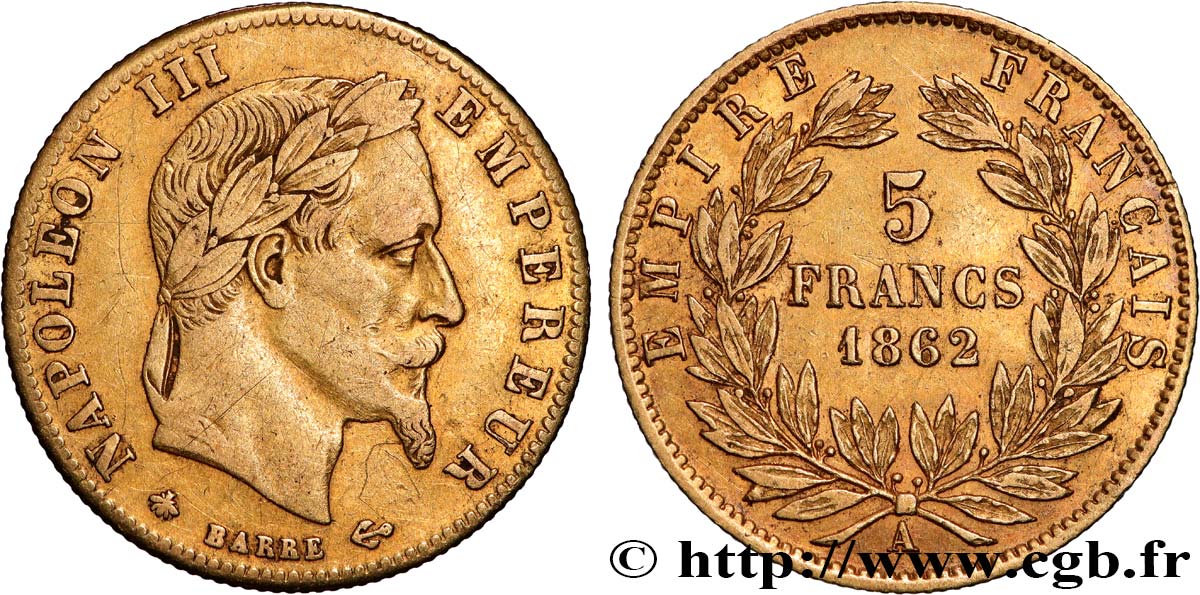 5 francs or Napoléon III, tête laurée 1862 Paris F.502/1 BB 