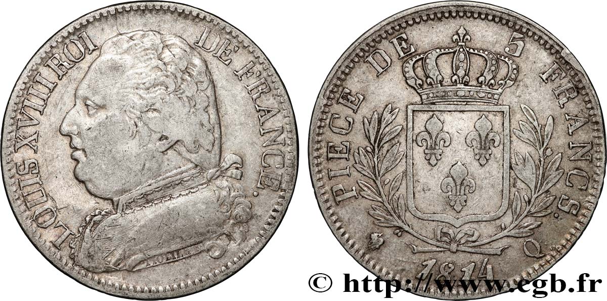 5 francs Louis XVIII, buste habillé 1814 Perpignan F.308/11 VF 